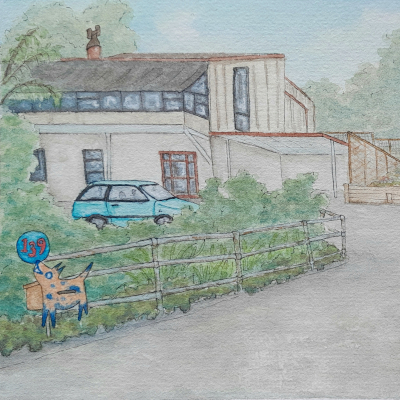 Familiarity pt. V: Belmont. Watercolour on 8.5” x 5.5” paper, 2025. $95.