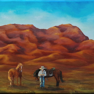 Stockman Near Flinders Ranges. Acrylic on 24” x 12” canvas, 2025. $400