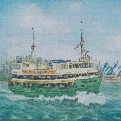 Familiarity pt. VI: Sydney Harbour. Watercolour on 8.5” x 5.5” paper, 2025. SOLD.