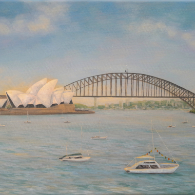 Sydney Harbour. Acrylic on 18” x 14” canvas, 2026. Commissioned piece.